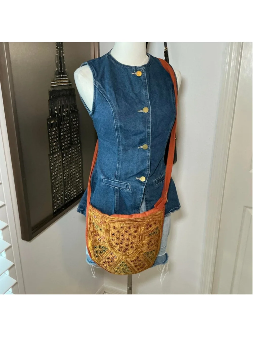 Vintage Boho Embroidered Mirror Crossbody Bag Rust Orange Festival Purse